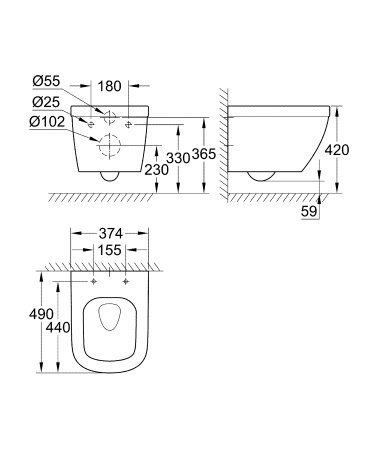 39206000 Euro Ceramic Унитаз подвесной безободковый, компактный, 490 x 374 мм (126309 - 16 шт.)
