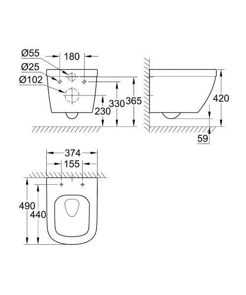 39206000 Euro Ceramic Унитаз подвесной безободковый, компактный, 490 x 374 мм (126309 - 16 шт.)