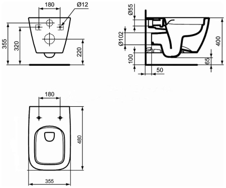 T459201 Ideal Standard i.life S Безободковый подвесной унитаз, технология RimLS+, глубокий смыв. Короткая проекция - 48 см.