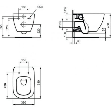 T0079V3 TESI BLACK  AquaBlade® Подвесной унитаз, глубокий смыв, сидение и крышка T3528V3 или T3527V3 заказывается дополнительно, с крепежом TT0299598
